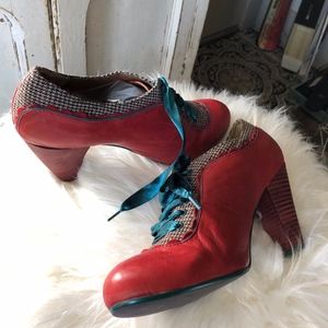 red, leather, shoes, booties, unique, teal
